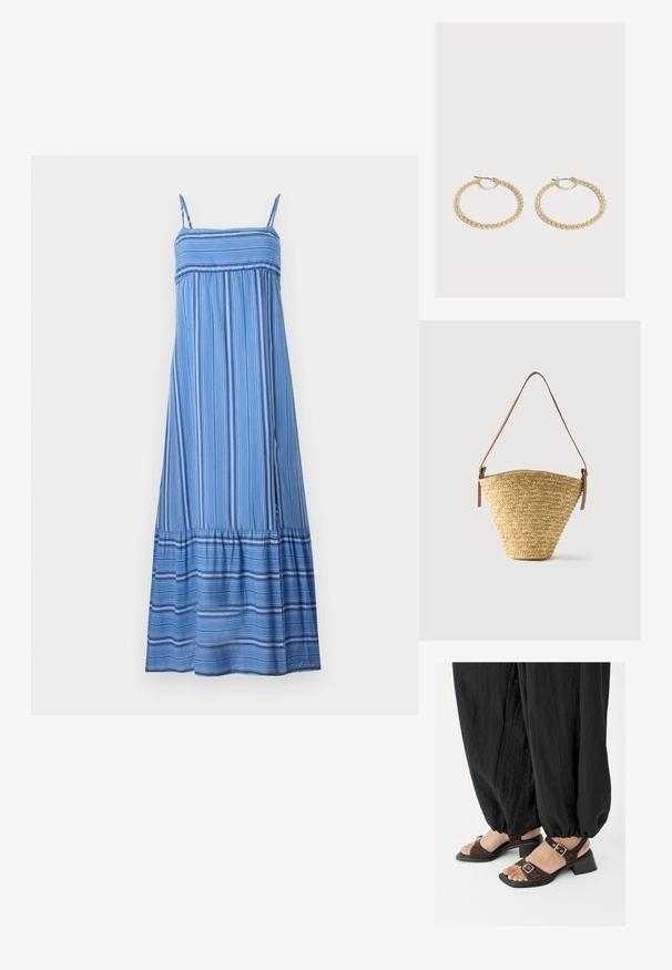 Hollister Co. BABYDOLL MAXI - Μάξι φόρεμα - dark blue/white; Πόδια που φορούν καφέ σανδάλια με τακούνι τύπου block από σουέντ και ασημένιες αγκράφες, συνδυασμένα με άνετα μαύρα παντελόνια με μανσέτες σε λευκό φόντο.; Πλεγμένη ψάθινη τσάντα τύπου κουβά με φαρδιά βάση, στενό πάνω μέρος και ρυθμιζόμενο καφέ δερμάτινο λουράκι ώμου.; Ζεύγος μεσαίου μεγέθους χρυσούς κρίκους σκουλαρίκια με υφή και σχεδιασμό από χάντρες σε απλό ανοιχτό φόντο.