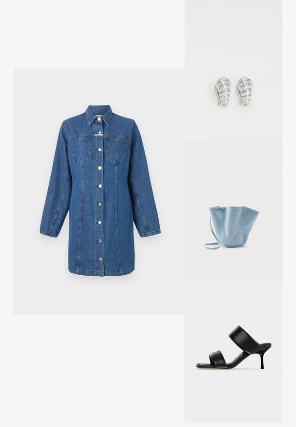 CLOSED FITTED DRESS - Denimové šaty - mid blue; Čierna kožená mule sandála s dvoma širokými remienkami a úzkym, stredne vysokým ihličkovým podpätkom na jednoduchom svetlom pozadí.; Svetlomodrá látková taška do ruky s dlhým popruhom, širokým horným otvorom a zošitými vertikálnymi švami, umiestnená na jednoduchom bielom pozadí.; Strieborné klipsňové náušnice so spirálovým dizajnom, s hladkým kovovým povrchom a zaoblenými tvarmi. Bez viditeľných ozdôb či vzorov.