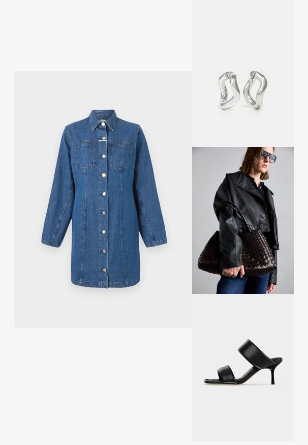 CLOSED FITTED DRESS - Denimové šaty - mid blue; Čierna kožená mule sandála s dvoma širokými remienkami a úzkym, stredne vysokým ihličkovým podpätkom na jednoduchom svetlom pozadí.; DRAGON DIFFUSION SANTA CROCE BIG - Kabelka - dark brown; Strieborné kruhové náušnice so skrúteným dizajnom. Zaoblené okraje a lesklý povrch. Otvorené zapínanie pre jednoduché nosenie. Hladká textúra po celej ploche.