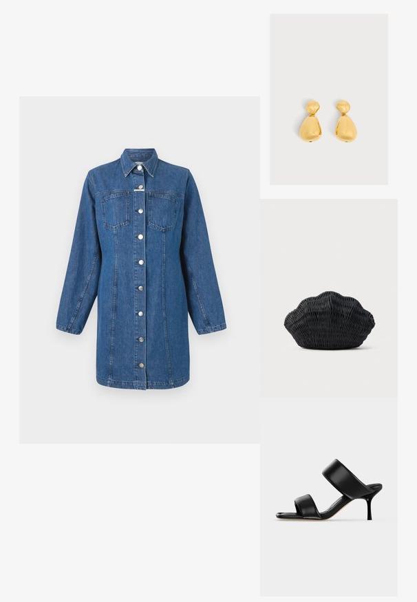 CLOSED FITTED DRESS - Spijkerjurk - mid blue; Zwarte leren mule sandaal met twee brede banden en een slanke, middelhoog stilettohak op een effen lichte achtergrond.; Zwarte gevlochten handtas in de vorm van een sint-jakobsschelp met een gebogen bovenkant en een geweven textuur op een effen achtergrond.; Paar glanzende gouden druppelvormige oorbellen met een kleiner afgerond bovenstuk verbonden met een groter peer-vormig onderstuk.