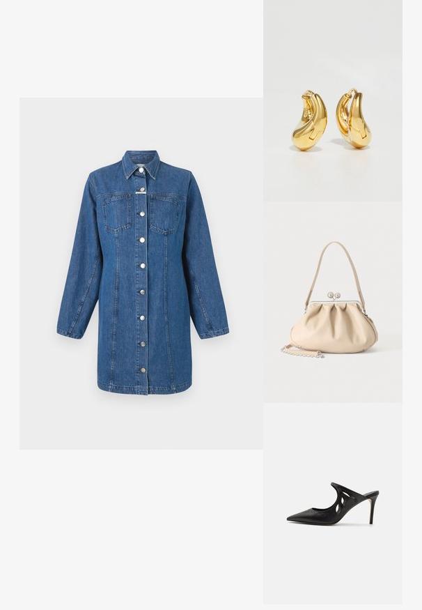 CLOSED FITTED DRESS - Denimové šaty - mid blue; Čierne kožené vysoké špičaté papuče s výrezmi po stranách a hladkou textúrou. Stiletto podpätok a jemný steh.; Béžová mäkká kožená kabelka so striebornou kovovou rámovou sponou, jedným ramenným remienkom a voliteľným retiazkovým remienkom na bielom pozadí.; Zlaté kruhové náušnice s hladkým, zakriveným tvarom a lesklým povrchom. Majú uzatvárací mechanizmus a jemné prehlbenia pre detail.