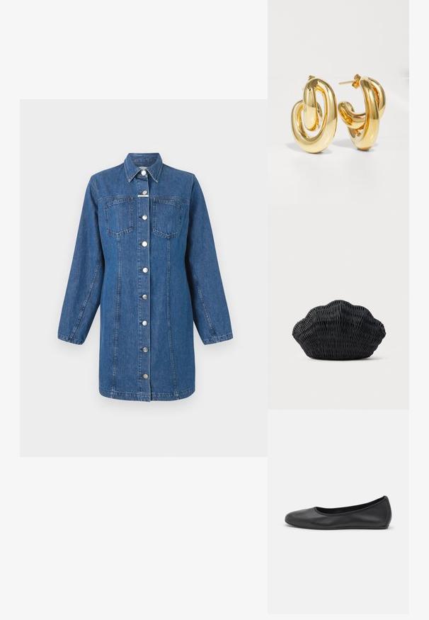 CLOSED FITTED DRESS - Denimové šaty - mid blue; Čierne kožené baleríny s okrúhlou špičkou, hladkým povrchom, minimálnym prešívaním a flexibilným dizajnom podrážky.; Čierna prútená kabelka v tvare mušle s oblým horným okrajom a tkanou textúrou na jednoduchom pozadí.; Charlotte Chesnais BO INITIAL BLOW - Náušnice - gold-coloured