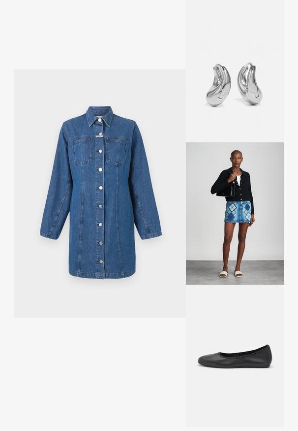 CLOSED FITTED DRESS - Robe en jean - mid blue; Ballerines en cuir noir avec un bout rond, texture lisse, détails de couture minimalistes et design de semelle flexible.; Un cardigan en maille noir, un haut blanc, une jupe en denim avec un motif de diamants bleus et noirs, un sac à main noir et des sandales à enfiler beiges.; Boucles d'oreilles en argent en forme de créoles avec une finition incurvée et brillante, et un design sans couture. Équipées d'une fermeture à charnière pour un port sécurisé.