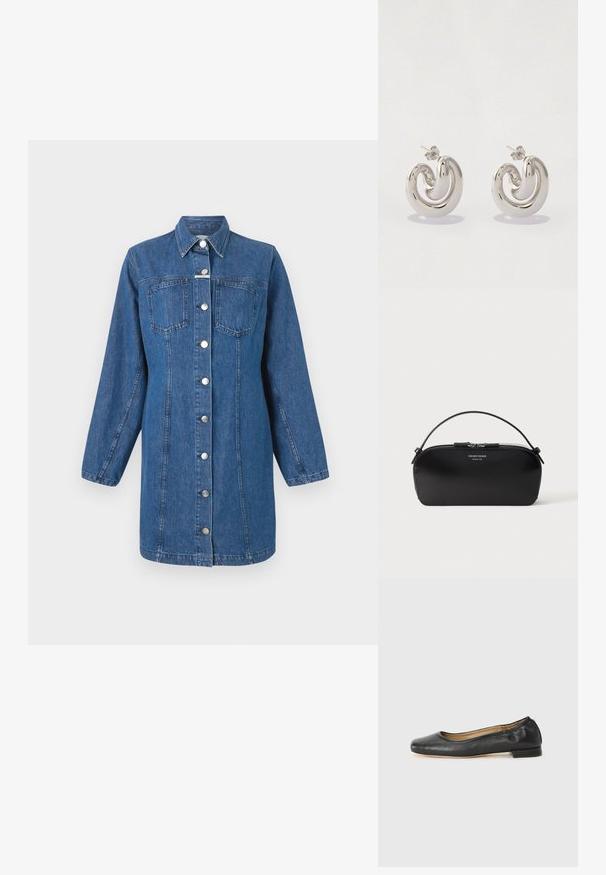CLOSED FITTED DRESS - Denimové šaty - mid blue; Čierne kožené baletky s okrúhlou špičkou a minimálnym šitím. Nízky, obdĺžnikový podpätok a hladká textura. Diskrétny detail podšívky vnútri.; Čierna kožená taška na zápästie so strieborným zipsom a krátkym uchom, vyrazené logo Emporio Armani Milano 1981 na prednej strane.; Strieborné kovové náušnice so špirálovým dizajnom, s hladkými povrchmi a lesklým povrchom, zabezpečené motýlikovým zapínaním.