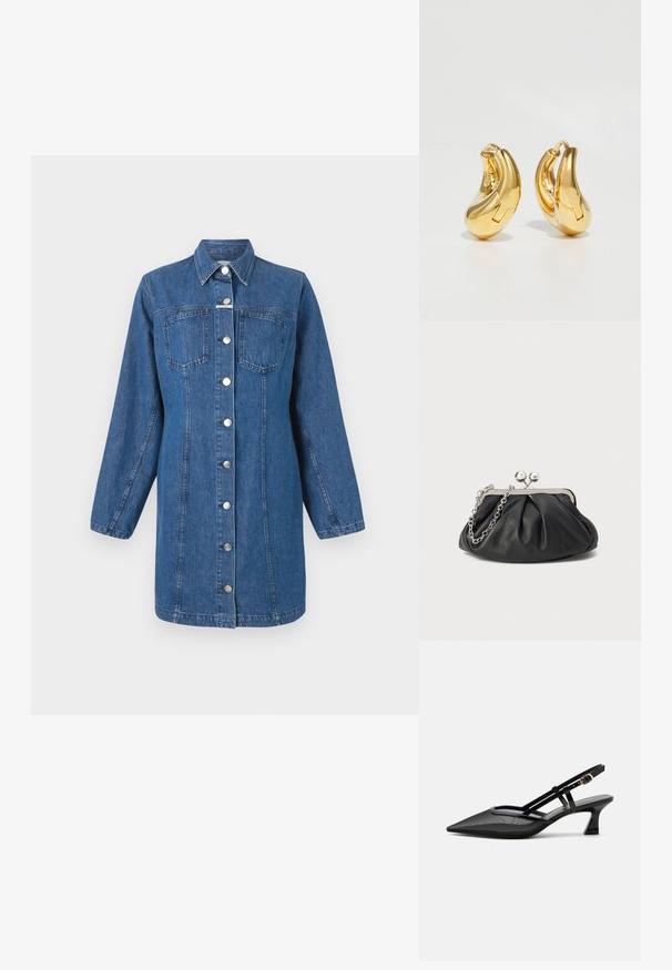 CLOSED FITTED DRESS - Denimové šaty - mid blue; Čierna slingback obuv so špičatou špičkou, sieťovinovým zvrškom, tenkými remienkami, zlatou prackou a nízkym zahnutým podpätkom na bielom pozadí.; Čierna kožená kabelka s vrúbkovou textúrou, strieborným kovovým rámom, uzáverom na pobozkanie a retiazkou na nosenie. Hladký, jemný povrch.; Zlaté kruhové náušnice s hladkým, zakriveným tvarom a lesklým povrchom. Majú uzatvárací mechanizmus a jemné prehlbenia pre detail.