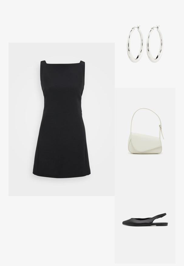 Musta hihaton mekko neliönmallisella kaula-aukolla, A-linjaisella leikkauksella ja sileällä pinnalla, joka on minimalistinen ilman kuvioita tai koristeita.; Musta nahkainen slingback-kengät, joissa on terävä kärki, litteä korko ja kaareva leikkausmuotoilu. Sileä pinta ja minimalistinen tyyli.; Valkoinen keinonahkainen käsilaukku, jossa on jämäkkä kolmion muoto, yksi säädettävä olkahihna ja kaareva läppäkiinnitys.; Hope hopea, joissa on sileä ja kiiltävä pinta. Pyöreä muoto, jossa on turvallinen suljin. Yksinkertainen ja elegantti muotoilu.