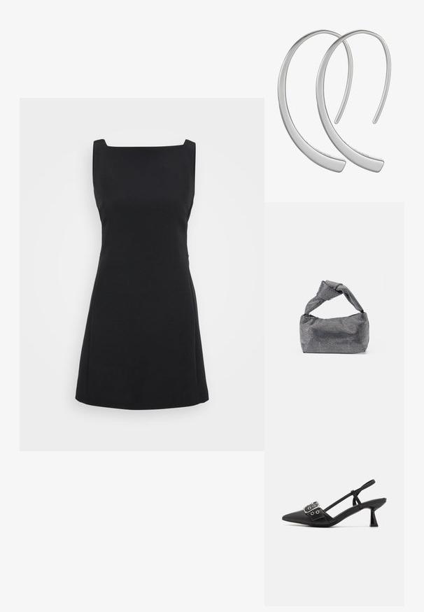 Musta hihaton mekko neliönmallisella kaula-aukolla, A-linjaisella leikkauksella ja sileällä pinnalla, joka on minimalistinen ilman kuvioita tai koristeita.; Simmi London DALA - Avokkaat - black; Mustapussinen ja hopeanvärinen käsilaukku, jossa on teksturoitu pinta, joka esittää timanttikuviota, solmittu kahva ja jämäkkä muoto.; Hopehope hopehopehope hopehope hopehopehope hopehope hopehopehope hopehope hopehopehopehopehopehope hopehope.