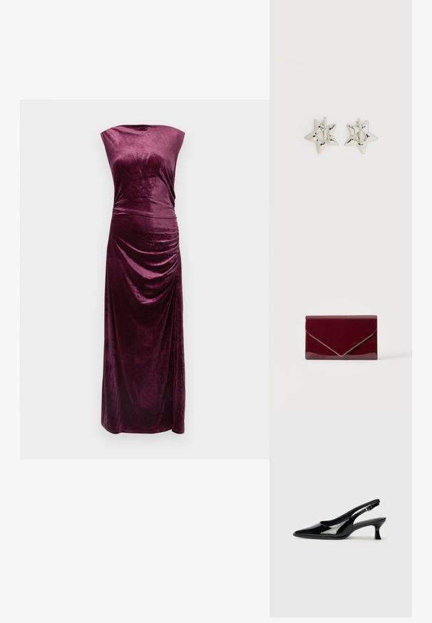 Robe de soirée sans manches en velours violet foncé avec un col haut et un détail froncé sur le côté droit, longueur jusqu'au sol.; Escarpins en cuir verni noir avec un bout pointu et un petit talon carré. Sangle réglable à la cheville avec boucle.; Pochette rouge foncé brillante de style enveloppe avec bordure dorée le long du bord du rabat sur un fond clair uni.; Boucles d’oreilles créoles en forme d’étoile argentée avec une finition lisse et polie sur un fond blanc uni.