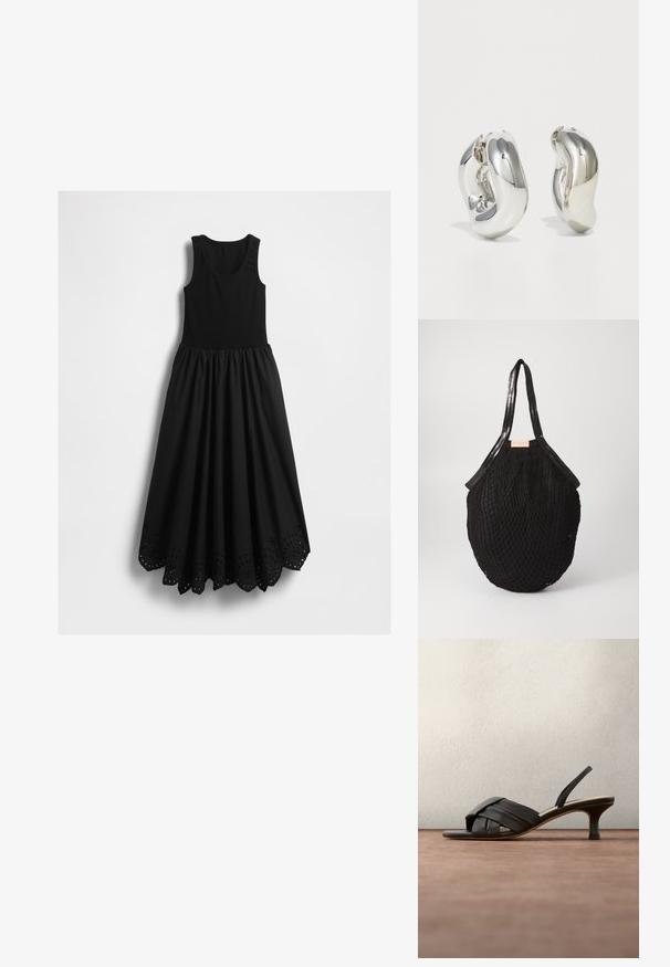 Μαύρο αμάνικο μάξι φόρεμα με κολλητό bodice σε σχέδιο tank top και κροσσέ στρίφωμα που διαθέτει κυκλικά κοψίματα.; Μαύρο σανδάλι slingback από δέρμα με πλεγμένα λουριά και χαμηλό τακούνι kitten, παρουσιάζεται μπροστά σε ένα θολό σκούρο γκρι φόντο.; Μαύρη πλεκτή τσάντα ώμου σε οβάλ σχήμα, με απαλές λαβές και υφή που θυμίζει δίχτυ. Η ετικέτα είναι ορατή στο πλάι.; Ασημένια γλυπτικά σκουλαρίκια με λείες, καμπύλες μορφές και ανακλαστικές επιφάνειες. Διακρίνονται για το κλειστό σχέδιο του κρίκου και την ιδιαίτερη οργανική τους μορφή.