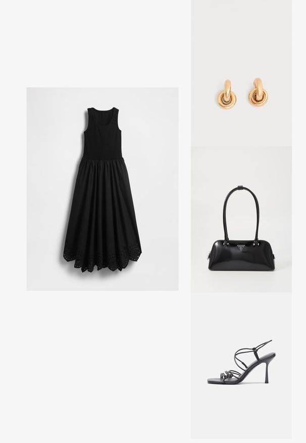 Zwarte mouwloze maxi-jurk met een getailleerde tanktop-bovenkant en een geschulpte zoom, versierd met ronde uitsnijdingen.; Zwarte hoge hakken sandaaltjes hebben dunne banden met een geknoopt ontwerp, een gladde vierkante neus en een elegante stiletto-hak.; Zwarte glanzende handtas met een gebogen silhouet, twee handvatten en een logo plaatje aan de voorkant. Ritssluiting en glanzende hardware accenten.; Set glanzende gouden creolen met dikke ronde schakels op een effen lichtgrijze achtergrond.