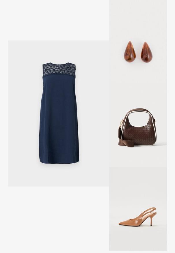 Marineblaues ärmelloses Kleid mit einem strukturierten Oberteil und Spitzenverzierungen am Ausschnitt. Gerader Schnitt, knielange Form mit glatter Oberfläche.; Spitz zulaufender Slingback-Absatz aus einem glatten, glänzenden, tanfarbenen Material. Mit einem geschwungenen Ausschnitt-Design und einem schlanken Stiletto-Absatz. Silberne Schnallendetails.; Braune gewebte Lederhandtasche mit weißer Paspel, goldenem Reißverschluss und abnehmbarem braunem Stoff-Schulterriemen.; Ein Paar glänzende braune, tröpfchenförmige Ohrringe mit dezent dunkleren Mustern auf einem weißen Hintergrund.