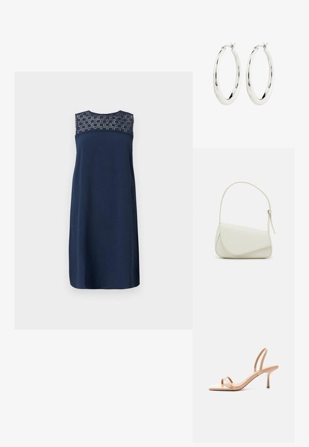 Vestido sin mangas azul marino con un cuerpo texturizado y detalles de encaje en el escote. Diseño de corte recto, de longitud a la rodilla y con un acabado suave.; Sandalia beige de tacón alto con tiras finas sobre los dedos y alrededor del talón, con puntera cuadrada y tacón de aguja delgado sobre fondo blanco.; Bolso de mano de imitación cuero blanco con una forma triangular estructurada, correa ajustable única y cierre con solapa acentuada en curva.; Pendientes de aro de plata con un acabado suave y brillante. Forma circular, con un cierre seguro. Diseño sencillo y elegante.