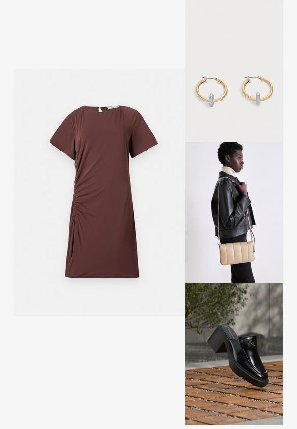 Robe marron à manches courtes en tissu léger avec un col rond et un détail froncé sur le côté, créant une silhouette ajustée.; Mule slip-on en cuir noir Calvin Klein avec talon bloc reposant sur des carreaux en bois à l'extérieur près d'une plante verte et d'un mur gris.; Sac en cuir beige en bandoulière avec un design matelassé, de forme rectangulaire, avec une fine sangle et des détails en métal argenté, porté par une personne en veste noire.; Paire de boucles d'oreilles créoles dorées avec un petit détail boucle ton argent sur chaque, exposées sur fond gris clair.