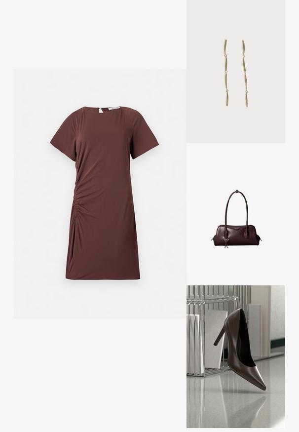 Vestido marrón de manga corta en tejido ligero con escote redondo y detalle fruncido en el lateral, creando una silueta ajustada.; Zapato de cuero marrón oscuro con tacón alto flotando sobre un suelo reflectante junto a un estante metálico con paneles blancos en una habitación.; Bolso de mano de cuero marrón oscuro Calvin Klein con asas dobles largas y un pequeño colgante con el logotipo colgando de una de las asas.; Pendientes largos de oro compuestos por cuatro barras curvadas enlazadas y alargadas sobre un fondo blanco.