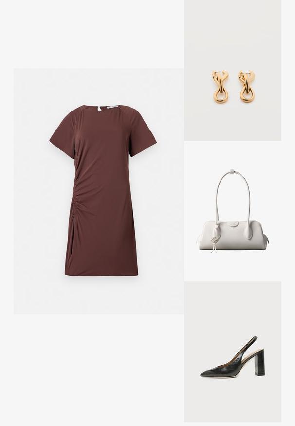Vestido marrón de manga corta en tejido ligero con escote redondo y detalle fruncido en el lateral, creando una silueta ajustada.; Zapato slingback de piel negra con puntera puntiaguda, tacón alto y ancho, y forro interior beige sobre un fondo claro y liso.; Bolso de hombro blanco de Calvin Klein con asas largas, forma rectangular, cierre de cremallera y charm decorativo con el logo colgando cerca del asa.; Par de pendientes de aro con acabado dorado brillante sobre fondo blanco liso, con diseño entrelazado y torsionado.