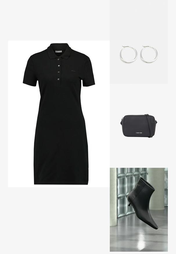 Robe polo noire à manches courtes, col, patte de boutonnage à trois boutons et un logo discret sur la poitrine. Fabriquée en tissu doux et lisse.; Bottine en cuir noir à bout pointu et petit talon kitten, présentée en angle devant un sol poli et un mur en blocs de verre.; Sac bandoulière rectangulaire noir en matière synthétique, avec un logo argenté, une sangle fine, et une texture lisse aux bords arrondis.; Les boucles d'oreilles en argent en forme de créole présentent un design lisse et arrondi avec un profil fin et un fermoir sécurisé. Style minimaliste avec une finition polie.