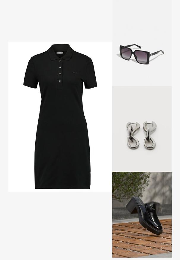 Sort polo kjole med kortærmer, krave, treknaps lukning og et diskret logo på brystet. Lavet af glat, blødt stof.; Sort læder Calvin Klein slip-on mule med blokhæl, der hviler på trætøj udendørs nær en grøn plante og en grå væg.; Sorte firkantede solbriller med gradient grå linser. Blank ramme med rene linjer. Sølvlogo-aksecent på stængerne.; Par af sølvtonede metale øreringe med abstrakt sammenflettet løbedesign på hvid baggrund.