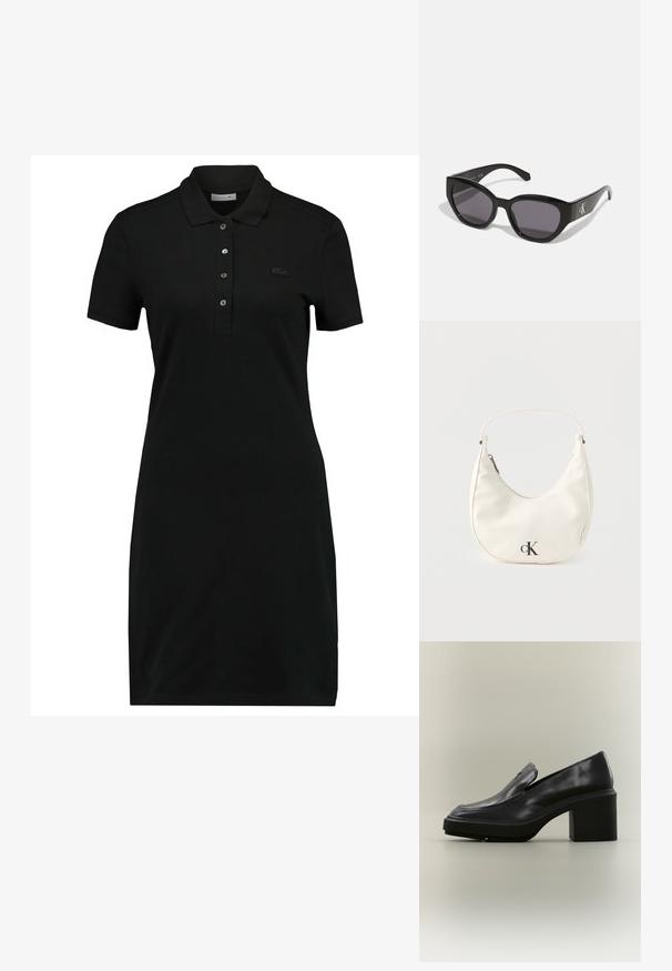 Zwarte polo jurk met korte mouwen, kraag, knoopsluiting met drie knopen en een subtiele logo op de borst. Gemaakt van een gladde, zachte stof.; Zwarte leren loafer met dikke plateauzool en blokhak, met gestikte naden en een klein metalen detail op het bovenwerk.; Zwarte zonnebril met een strak, hoekig ontwerp, donkere lenzen en een contrasterend zilveren logo aan de zijkant. Glad kunststof oppervlak.; Kleine witte handtas in de vorm van een halve maan met een kort hengsel, ritssluiting en zwart "cK" logo aan de voorkant.