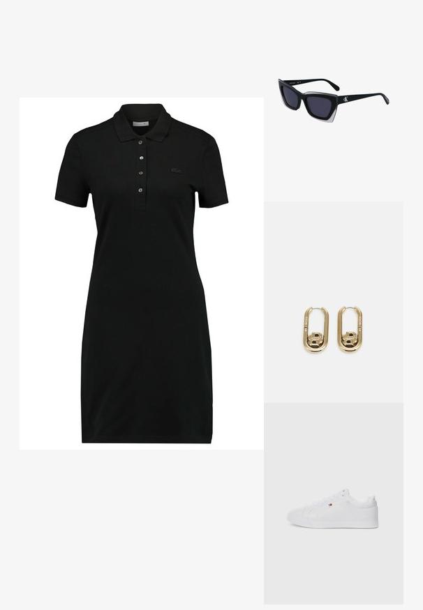 Sort polo kjole med kortærmer, krave, treknaps lukning og et diskret logo på brystet. Lavet af glat, blødt stof.; Hvide lavtop sneakers med en glat læderoverdel, rund tå og flad gummisål. Har diskret branding på siden og hvide snørebånd.; Store sorte oversized solbriller med geometrisk form, med mørke linser og en kontrasterende grå detalje på stellet. Logo på armen.; BOSS DOUBLE B SWING - Øreringe - gold-coloured
