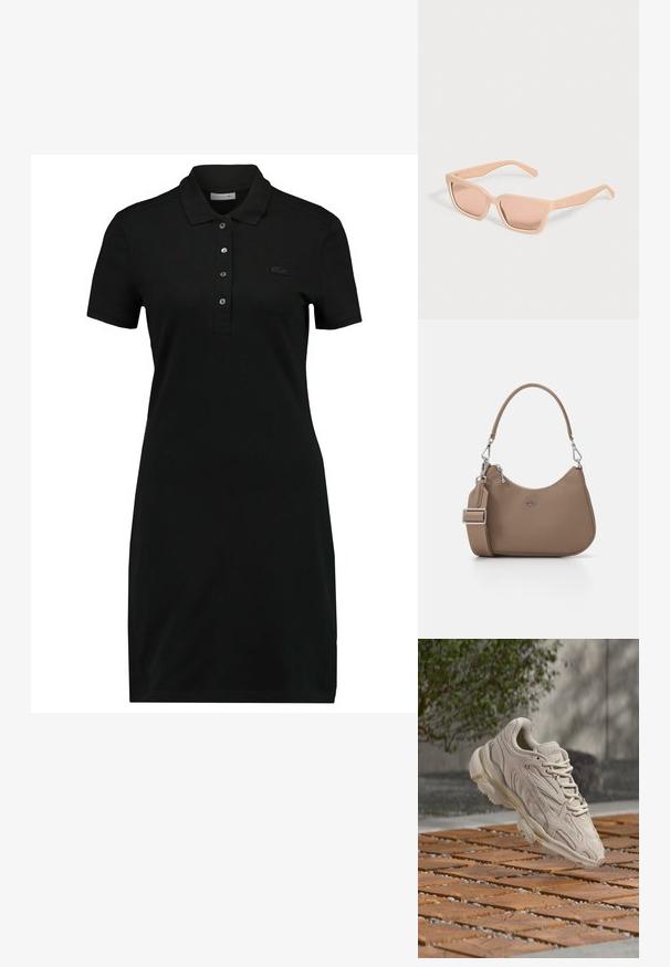 Sort polo kjole med kortærmer, krave, treknaps lukning og et diskret logo på brystet. Lavet af glat, blødt stof.; Beige Lacoste-sneakers med bølget design og snørebånd, der svæver over et mønstret underlag af træ og småsten udendørs.; Rektangulære lyse ferskenfarvede solbriller med tykke stel og matchende tonede linser på en ensfarvet lys baggrund.; Brun syntetisk håndtaske med et buet design, der har et kort håndtag og en aftagelig skulderrem. Sølv hardware og logo detaljer.