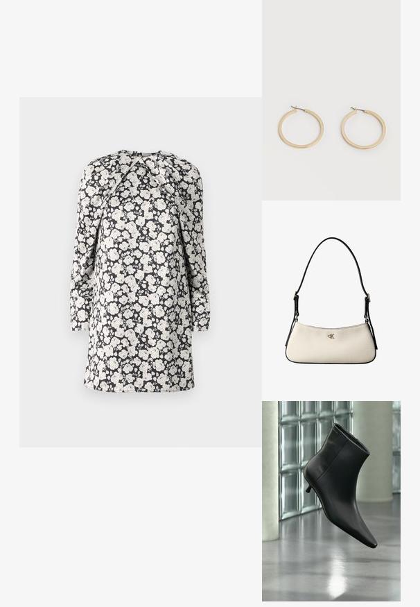 Robe à imprimé floral avec des fleurs blanches sur fond noir. Manches longues, col montant et détail froncé aux épaules. Conception mi-longue.; Bottine en cuir noir à bout pointu et petit talon kitten, présentée en angle devant un sol poli et un mur en blocs de verre.; Petit sac à bandoulière crème avec bordure noire, sangle noire réglable et logo "cK" argenté au centre devant.; Paire de boucles d'oreilles créoles moyennes lisses ton or avec fermoirs à charnière sur fond clair uni.