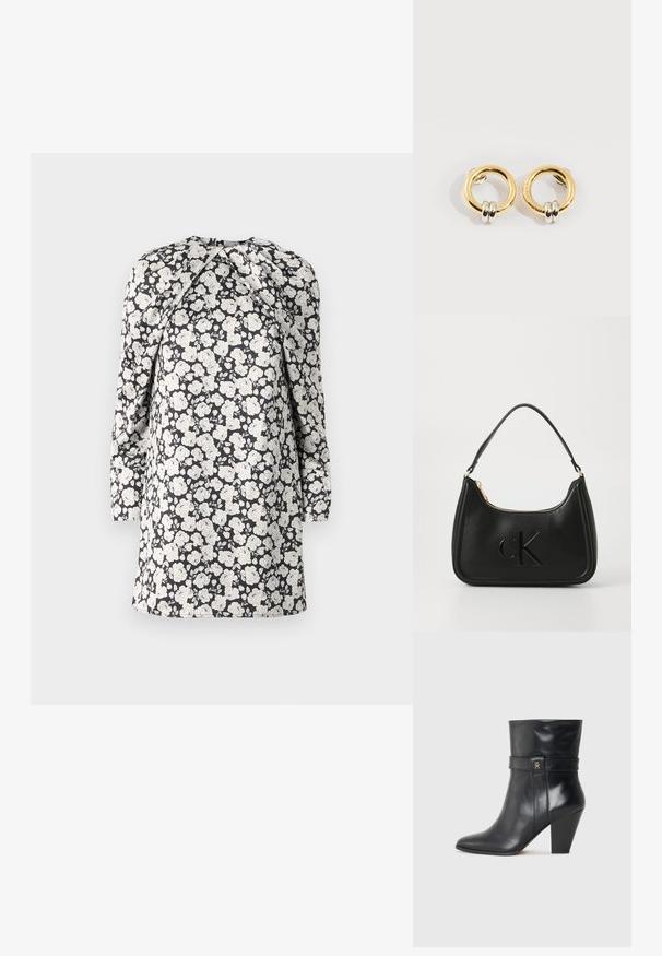 Robe à imprimé floral avec des fleurs blanches sur fond noir. Manches longues, col montant et détail froncé aux épaules. Conception mi-longue.; Tommy Hilfiger Bottines à talons hauts - black; Sac à main en cuir noir avec une forme courbée, doté d'une fermeture éclair dorée et d'un logo "cK" discret en relief. Texture lisse et une seule poignée.; Boucles d'oreilles circulaires en or avec deux petites bagues en argent sur chacune, affichant des détails subtils du nom de la marque gravé, posées sur un fond blanc.