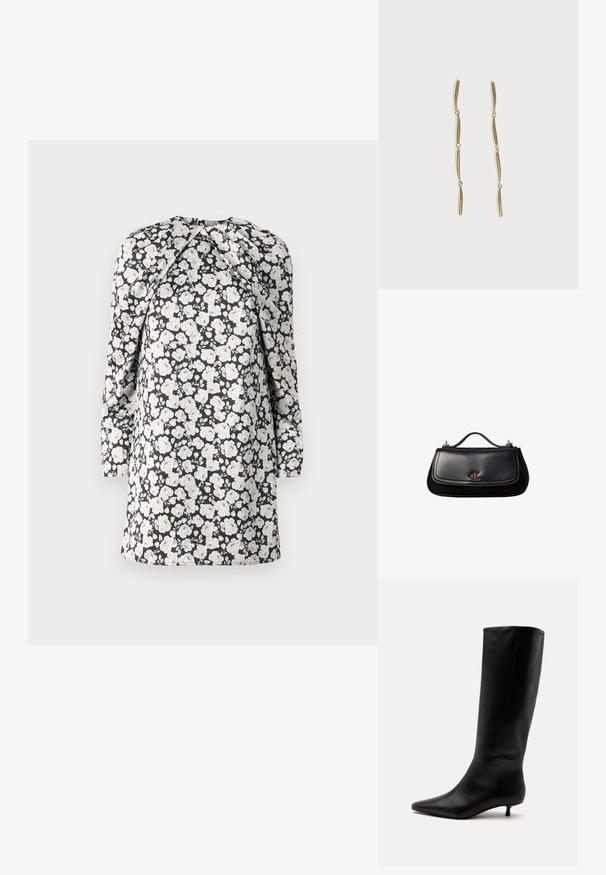 Robe à imprimé floral avec des fleurs blanches sur fond noir. Manches longues, col montant et détail froncé aux épaules. Conception mi-longue.; Botte noire en cuir jusqu'au genou avec bout pointu et petit talon kitten sur un fond clair uni.; Sac à main en cuir noir avec une petite poignée, logo "cK" doré sur le rabat avant, et accessoires dorés.; Longues boucles d'oreilles en or composées de quatre barres incurvées allongées reliées entre elles sur fond blanc.