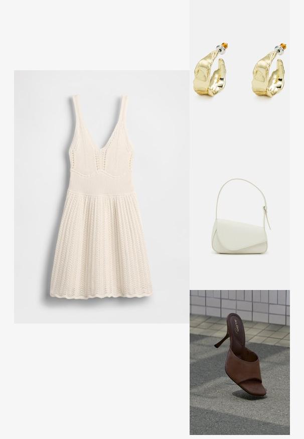Strickkleid in Creme mit V-Ausschnitt, geripptem Oberteil und ausgestelltem Rock mit wellenförmigem Saum und durchgehendem Lochmuster.; Brauner High-Heel-Mule mit offenem Zehenbereich und ALDO-Logo auf der Innensohle, stehend auf einem strukturierten Gehweg nahe einer gefliesten Wand.; Weiße Kunstleder-Handtasche mit einer strukturierten dreieckigen Form, einem verstellbaren Einzelgurt und einem Klappenverschluss mit geschwungenen Akzenten.; Goldfarbene Ohrringe in Form abstrakter Hände, mit einer glänzenden Oberfläche, filigranen Details und einem Silber- und Goldstift für sicheren Halt.