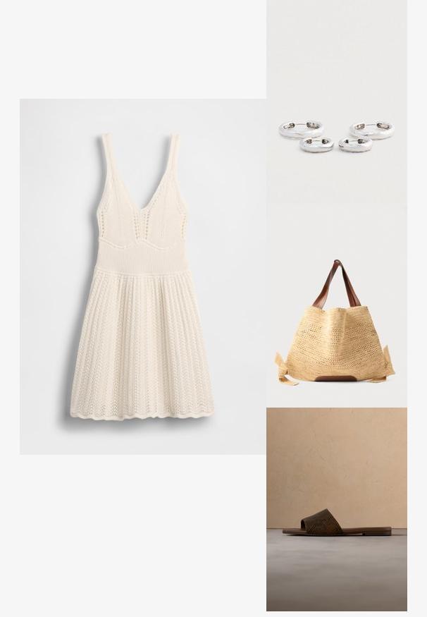 Strickkleid in Creme mit V-Ausschnitt, geripptem Oberteil und ausgestelltem Rock mit wellenförmigem Saum und durchgehendem Lochmuster.; Braune offene Pantolette mit texturierter Riemen auf beigem Teppich, neben einem runden Holzcouchtisch mit gestapelten Büchern.; Beige geflochtene Strohtasche mit braunen Ledergriffen und seitlichen Bändern, aufrecht stehend vor einem schlichten Hintergrund.; Zwei Paare silberner Creolen mit einer leicht gehämmerten Textur auf weißem Hintergrund.