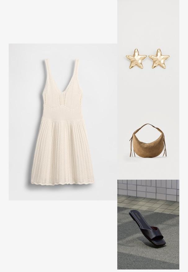 Strickkleid in Creme mit V-Ausschnitt, geripptem Oberteil und ausgestelltem Rock mit wellenförmigem Saum und durchgehendem Lochmuster.; Dunkelbraune offene Sandale mit quadratischer Spitze und breitem Riemen, liegend auf grauem Asphalt neben gefliestem Bürgersteig.; Braune, aus Wildleder gefertigte, halbmondförmige Handtasche mit kurzem Griff, goldenen Nieten entlang der Kanten und Lederquasten an beiden Seiten.; Goldene, sternförmige Ohrringe mit einer glatten, glänzenden Oberfläche und einem dreidimensionalen Design, das fünf Spitzen und eine leicht gewellte Struktur aufweist.