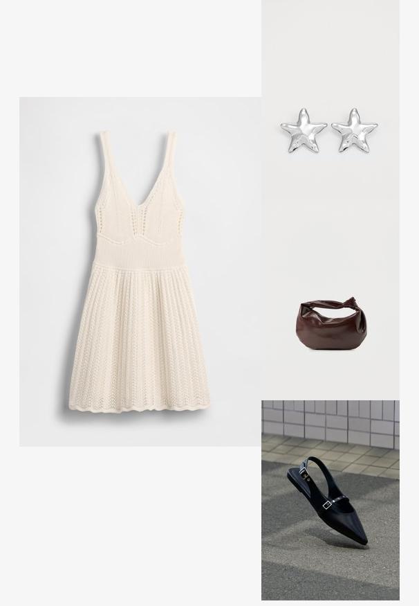 Strickkleid in Creme mit V-Ausschnitt, geripptem Oberteil und ausgestelltem Rock mit wellenförmigem Saum und durchgehendem Lochmuster.; Schwarzer Slingback-Flachschuh mit spitz zulaufender Spitze und doppelten Schnallenriemen, ruhend auf grauem Asphalt nahe einer gefliesten Wand.; Dunkelbraune Lederschultertasche mit weicher, lockerer Form und einem gedrehten Knotengriff vor schlichtem weißem Hintergrund.; Silberne sternförmige Ohrringe mit einer polierten, glänzenden Oberfläche. Jeder Ohrring hat fünf Spitzen und dezente Oberflächentexturdetails.
