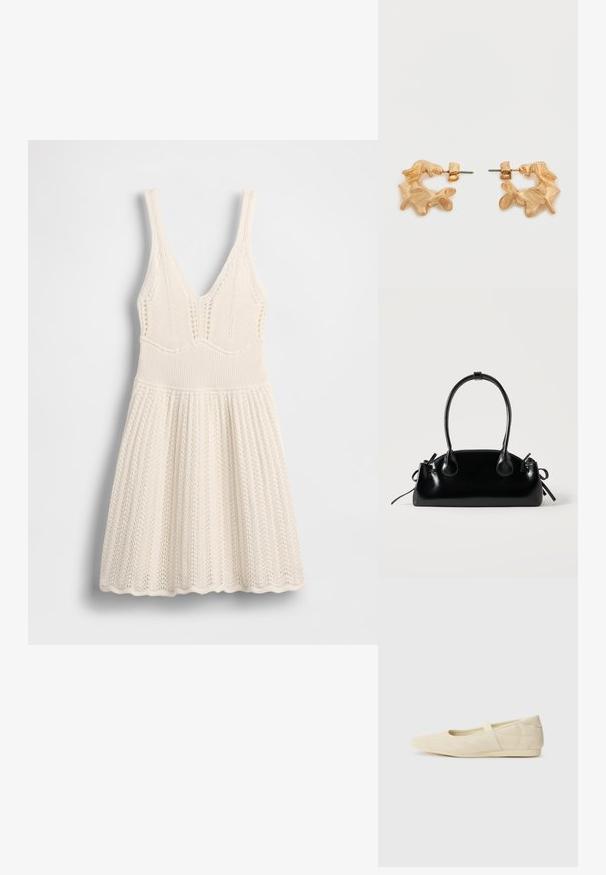Vestido de punto en color crema, con escote en V, cuerpo acanalado y falda acampanada con borde con ondas y patrón calado en toda la prenda.; Bailarinas beige con un exterior de cuero liso, punta en forma de almendra y una correa elástica en el empeine, con detalles de costura sutiles.; Pequeño bolso negro brillante con dos asas largas y detalles de cordón lateral sobre un fondo claro liso.; Pendientes de tono dorado con una forma abstracta y orgánica, que presentan una superficie texturizada y un cierre de poste trasero.