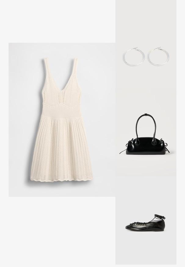 Strickkleid in Creme mit V-Ausschnitt, geripptem Oberteil und ausgestelltem Rock mit wellenförmigem Saum und durchgehendem Lochmuster.; Schwarze Ballerinas aus Lackleder mit runder Spitze, Schnürdesign und flacher Sohle. Glatte Textur mit minimaler Verzierung.; Kleine schwarze glänzende Handtasche mit zwei langen Griffen und seitlichen Kordelzug-Details vor einfachem hellem Hintergrund.; Paar glänzende silberne Creolen mit dünnen Drahtverschlüssen, dargestellt vor einem hellgrauen Hintergrund.
