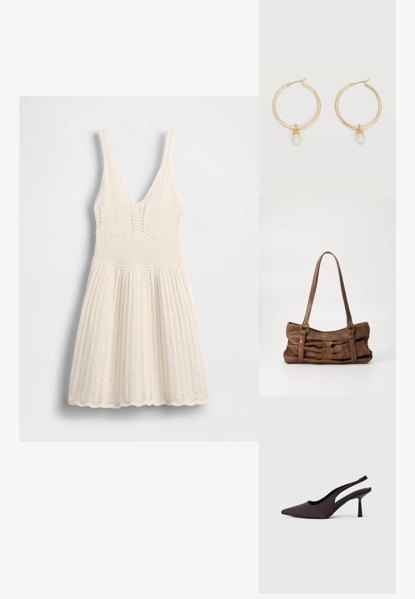 Strickkleid in Creme mit V-Ausschnitt, geripptem Oberteil und ausgestelltem Rock mit wellenförmigem Saum und durchgehendem Lochmuster.; Slingback-Pumps aus dunkelviolettem Stoff. Spitz zulaufende Zehenkappe, offene Seiten und ein schlanker, quadratischer Absatz. Glatte Textur.; Even&Odd by Zalando Handtasche - brown; Goldene Creolen, jeweils mit einer einzelnen herabhängenden weißen Perle und kleinen Strasssteindetails vor hellem Hintergrund.