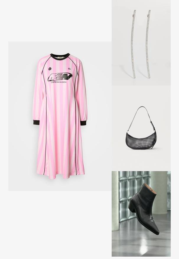 Vestido de manga larga en rosa claro con rayas verticales en rosa más oscuro y blanco, con un cuello redondo negro y puños negros. Logo visible en la parte delantera.; Botín de piel negra con puntera puntiaguda y tacón cuadrado que levita sobre un suelo gris reflectante cerca de una pared de bloques de cristal.; Pequeño bolso de hombro negro de malla con forma de media luna y correa fina ajustable, sobre un fondo claro y liso.; Pendientes alargados en tono plateado con diseño curvado, que presentan una fila de cristales transparentes en los bordes exteriores para un brillo adicional.