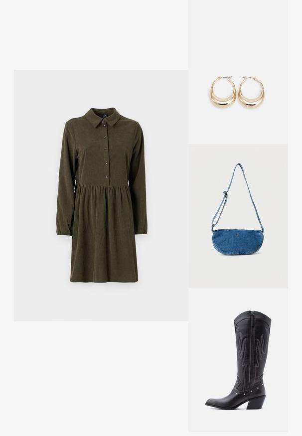 Olijfgroene corduroy jurk met lange mouwen, knoopsluiting aan de voorkant, puntkraag en een uitlopende rok. Bevat een subtiele verticale ribbelstructuur.; Zwarte leren cowboylaarzen met een puntige neus, zichtbare stiksels, zilveren studaccenten en een ritssluiting aan de binnenkant.; Blauwe denim crossbodytas met verstelbare riem en klein metalen logo aan de voorkant, weergegeven tegen een witte achtergrond.; Gouden hoepel oorbellen met een halve maan vorm, gepolijste oppervlakte en scharnier sluiting. De gladde textuur en weerspiegelende afwerking vergroten de zichtbaarheid.