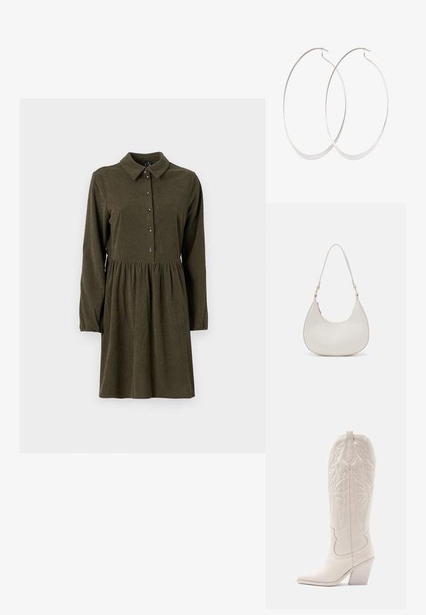 Oliivivihreä corduroy-mekko pitkillä hihoilla, nappikiinnitys edessä, kärjekäs kaulus ja liehuva hame. Sisältää hillittyä pystyribbaustekstuuria.; Valkoinen nahkainen cowboy-kenkä, jossa on teräväkärkinen muoto ja lohkareellinen korko. Ominaisuuksia ovat yksityiskohtaiset ompelumallit varressa ja sileä pinta.; Kreemivärvi nahast õlakott, millel on kuu kujuline disain, õhuke rihm ja peened õmblused. Minimalistlik disain koos kuldse tooni metallitöötluse aktsentidega.; Hopeanväriset rengaskorvakorut, joissa on ohut ja sileä muotoilu; pitkänomainen soikea muoto; kiillotettu pinta; varustettu tukevalla koukkukiinnityksellä.
