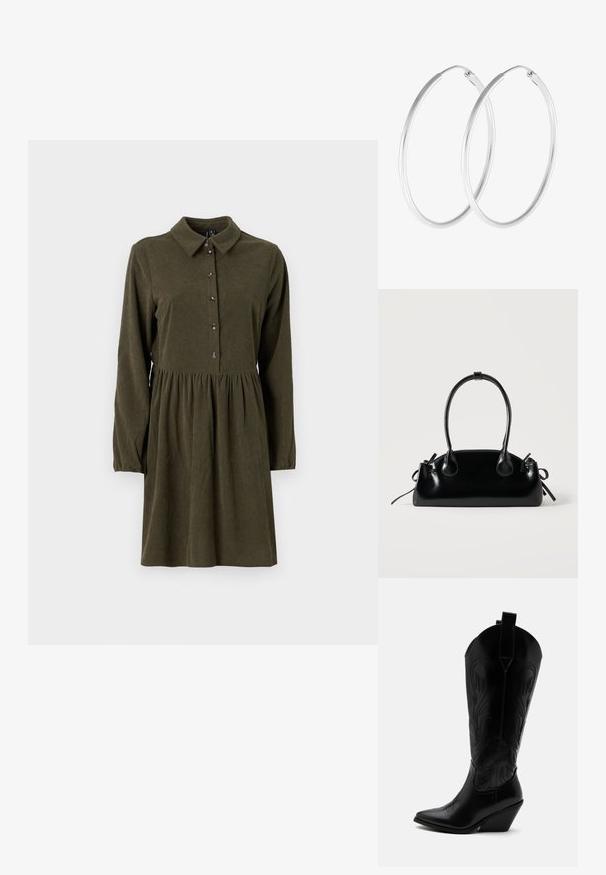 Olijfgroene corduroy jurk met lange mouwen, knoopsluiting aan de voorkant, puntkraag en een uitlopende rok. Bevat een subtiele verticale ribbelstructuur.; Zwarte leren cowboylaars met puntige neus, schuine blokhak, decoratieve stiksels en aantreklusjes bovenaan tegen een witte achtergrond.; Kleine zwarte glanzende handtas met twee lange hengsels en zijkant trekkoord details op een effen lichte achtergrond.; Zilverkleurige oorringen met een gladde, ronde vorm en een gepolijste afwerking. Beide oorbellen zijn van dezelfde grootte en hebben een veilige sluitmechanisme.