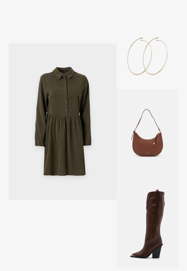 Olijfgroene corduroy jurk met lange mouwen, knoopsluiting aan de voorkant, puntkraag en een uitlopende rok. Bevat een subtiele verticale ribbelstructuur.; RAID RIMSKY - Laarzen met hoge hak - brown; Bruine faux leren schoudertas met een gebogen vorm, minimale stiksels en een gouden hardware-accent. Voorzien van een bovenste ritsluiting en een verstelbare schouderband.; Pilgrim Oorbellen - gold-coloured