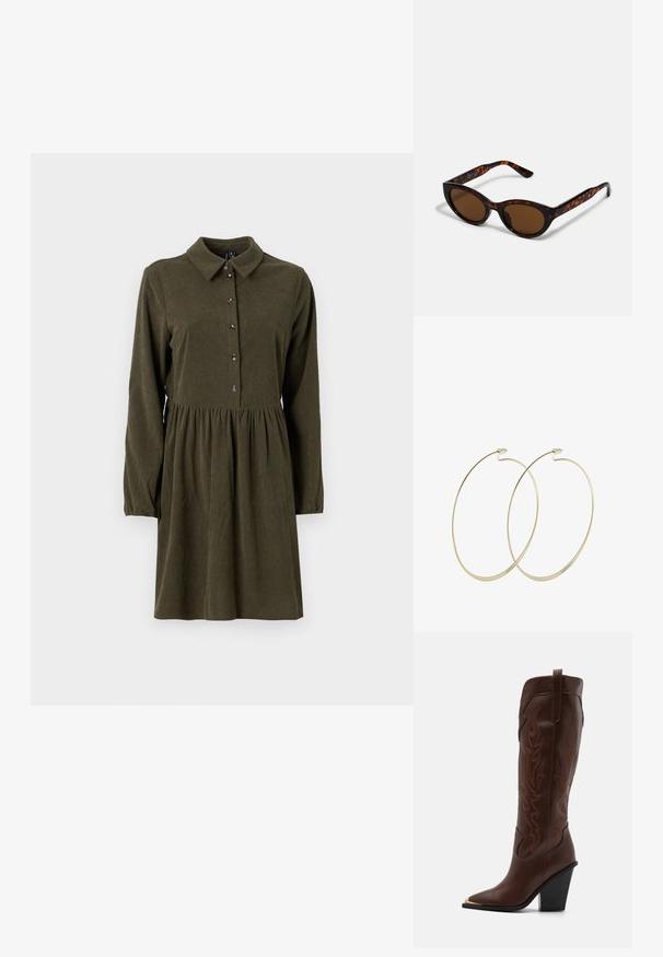 Vestido de pana verde oliva con mangas largas, cierre de botones en la parte delantera, cuello puntiagudo y falda acampanada. Presenta una sutil textura de estrías verticales.; RAID RIMSKY - Botas de tacón - brown; Gafas de sol de carey marrón con una forma vintage de ojo de gato y lentes marrones. Presentan brazos curvados con acentos rojos.; Pilgrim Pendientes - gold-coloured