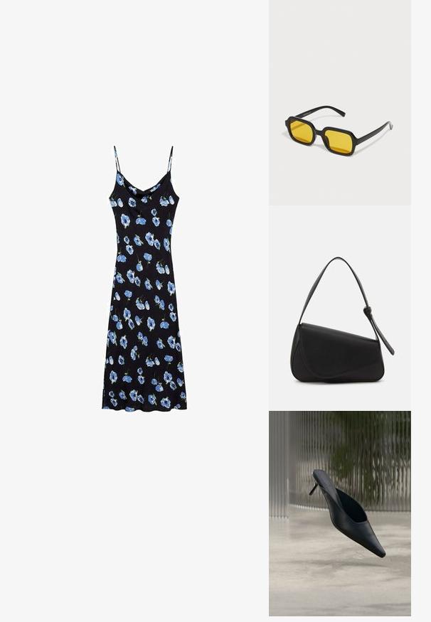 Sort slipdress med blå blomster mønster, tynde spaghetti stropper, en cowl halsudskæring og en afslappet pasform, der falder over knæene.; Sort mule sko med spids tå og tynd høj hæl, der svæver over en glat beton gulv med en sløret baggrund med lodrette striber.; Sorte rektangulære solbriller med gule linser. Funktioner inkluderer tykke stel og kantet design med en glat, blank finish.; Sort læderhåndtaske med en triangular form, skrå klap og et rundt håndtag. Har en glat overflade og minimalistiske design detaljer.
