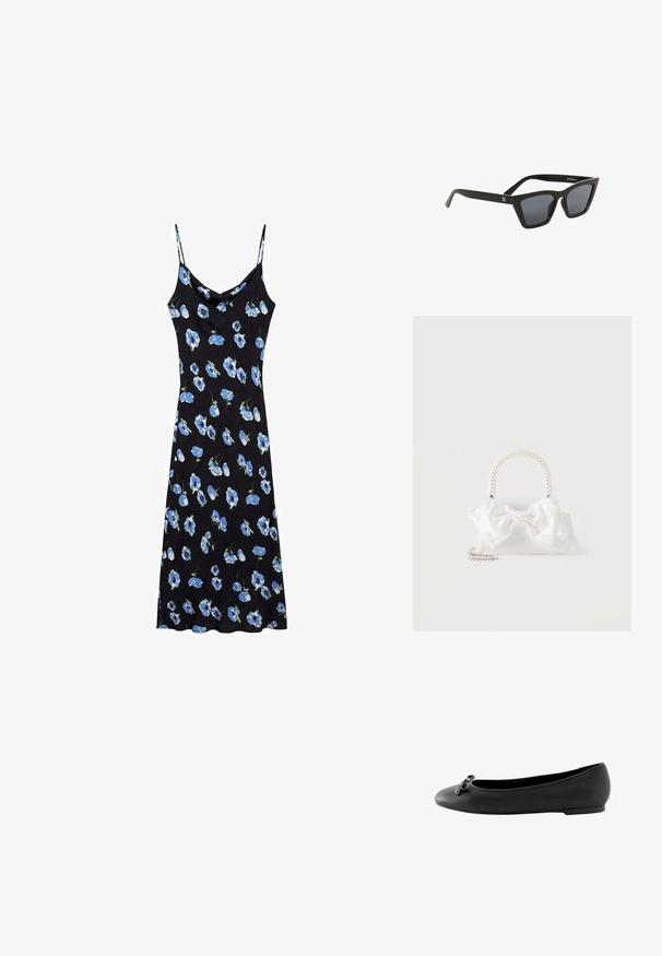 Sort slipdress med blå blomster mønster, tynde spaghetti stropper, en cowl halsudskæring og en afslappet pasform, der falder over knæene.; Sorte ballet-flade med en glat læderfinish, rund tå og en lille dekorativ sløjfe foran. Flad sål.; Sorte katteøje-solbriller med mørke tonede linser. Fremstillet af blank plastik, med en karakteristisk form og et diskret mærkelogo på stellet.; Hvid håndtaske med hank dækket af perler, stor stofsløjfe dekoreret med små perler og en sølvkæde som rem på en hvid baggrund.