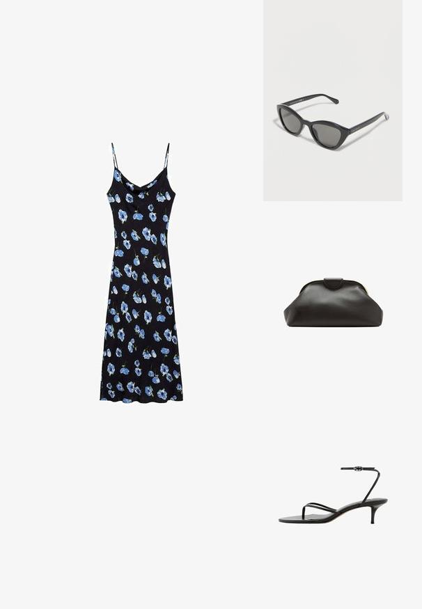 Sort slipdress med blå blomster mønster, tynde spaghetti stropper, en cowl halsudskæring og en afslappet pasform, der falder over knæene.; Sort sandal med tynd ankelrem med spænde, tå-øjle og slank mellemhøj kittenhæl på hvid baggrund.; Sorte katteøje-solbriller med mørke linser og tynde stænger, "Privé Revaux"-logo synligt på armen, vist mod en ensartet lys baggrund.; Blød sort læder clutch taske med en rundet ramme og en lille lukning i toppen midt på.