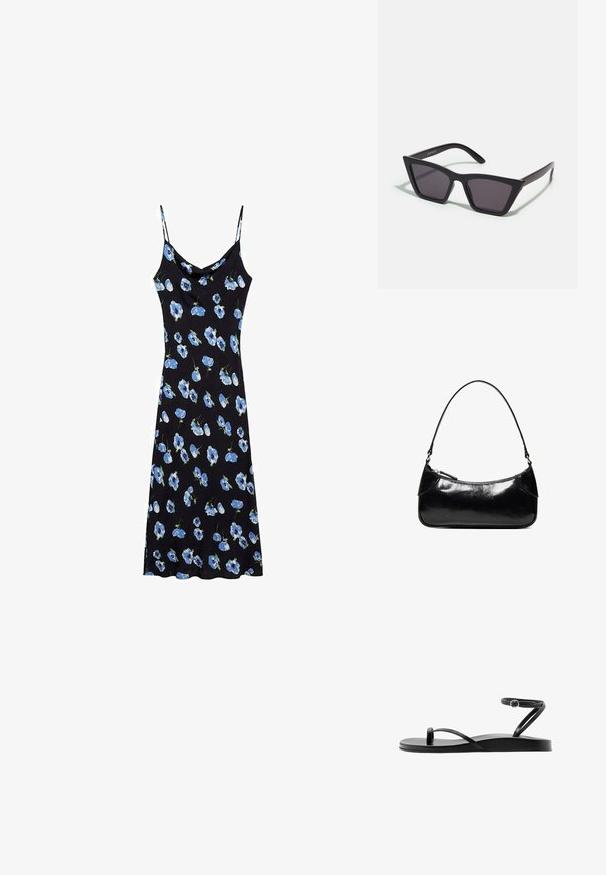 Sort slipdress med blå blomster mønster, tynde spaghetti stropper, en cowl halsudskæring og en afslappet pasform, der falder over knæene.; Sort flad sandal med tynde remme, tåloop og anklerem med en lille rund spænde, vist i sideprofil.; Sorte, kantede solbriller med grå linser; lavet af plast, med tykke stænger med en glat overflade og ingen synlig hardware.; Sort, blank skuldertaske i læder med et enkelt rum med lynlås og en tynd rem buet i en bueform.