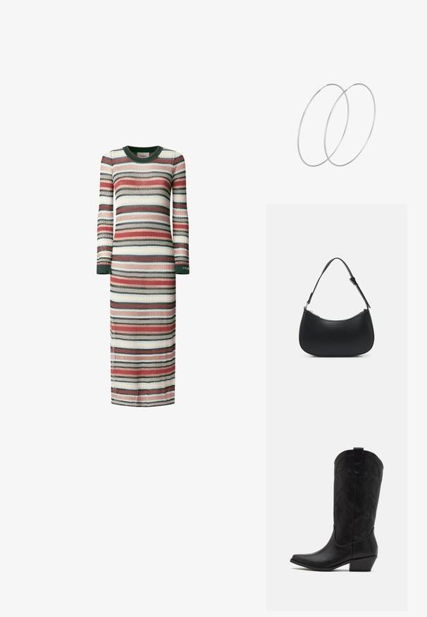 Vestido de manga larga a rayas en punto acanalado. Presenta rayas alternas en rojo, verde, crema y azul. Cuello redondeado y aberturas laterales.; Bota de cowboy de cuero negro con puntera puntiaguda, tacón bajo y apilado, y un intrincado patrón de hojas grabado en el eje. Asa en la parte superior para facilitar el uso.; Pieces PCALUANA SHOULDER BAG - Bolso de mano - black; Pendientes de aro plateados con un diseño minimalista. Forma circular, textura suave y perfil delgado. Livianos con un acabado pulido.