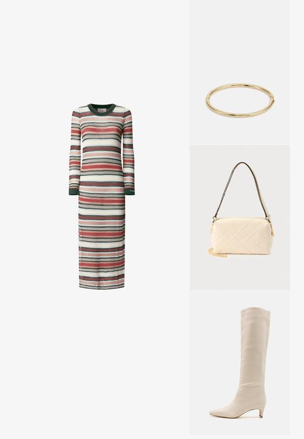 Robe à manches longues rayée en maille côtelée. Présente des rayures alternées rouges, vertes, crème et bleues. Encolure arrondie et fentes sur les côtés.; RAID LAYLA - Bottes - off white; Sac d'épaule matelassé crème avec une bandoulière noire courbée et un détail de chaîne en or sur un fond clair.; Bracelet en or avec une surface lisse et brillante, présentant une forme ronde et un détail de fermoir subtil.