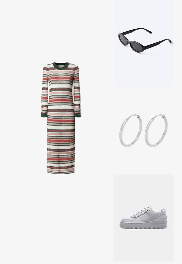 Vestido de manga larga a rayas en punto acanalado. Presenta rayas alternas en rojo, verde, crema y azul. Cuello redondeado y aberturas laterales.; Zapatilla Nike Air Force 1 gris con puntera perforada, parte superior de cuero suave, suela gruesa y detalle en relieve 'AIR' en el talón.; Gafas de sol ovaladas negras y elegantes con lentes oscuras y patillas rectas, reposando sobre una superficie blanca.; Pendientes de aro de plata, forma circular, textura lisa y brillante, y ancho constante en toda su extensión. Diseño minimalista sin acentos adicionales.