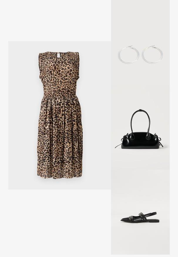 Beige ja pruunis toonides leopardimustriga ilma varrukateta kleit, millel on volangiga seelik ja võtmeaugu seljaosa detail. Kanga välimus on kerge.; Even&Odd by Zalando Kannarihmaga baleriinad - black; Väike must läikiv käekott kahe pika sangaga ja külgedel paelakinnitustega, ühel lihtsal helel taustal.; Paari läikiva hõbedase rõngaskujulise kõrvarõngastega, millel on õhukesed traatlukkud, kuvatud heleda halli taustal.