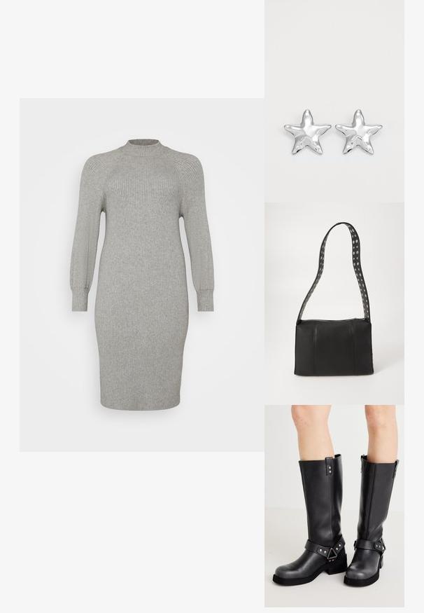 Grau gestreiftes Strickkleid mit langen, leicht puffigen Ärmeln und hohem Kragen. Figurbetonte Silhouette mit einem knielangen Saum. Glatte Textur.; Schwarze Lederstiefel bis zum Knie mit weiter Schaftweite, Riemenverzierungen, silbernen Beschlägen und flacher Sohle. Glatte Textur mit leichtem Glanz.; Schwarze Lederhandtasche in rechteckiger Form, mit einem durchgängigen Reißverschluss und einem gepunkteten Tragegurt. Glatte Textur, minimale Nähdetails.; Silberne sternförmige Ohrringe mit einer polierten, glänzenden Oberfläche. Jeder Ohrring hat fünf Spitzen und dezente Oberflächentexturdetails.