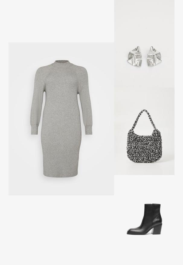 Tsoonilõikega hall ribakudum dress, millel on pikad, veidi puhvikujulised varrukad ja kõrge kaelus. Üksikulek, mille põhjas on põlvekõrgus. Sile tekstuur.; Must must sõrgadega nahast king, millel on ruudukujuline varvas ja jäme plokkkonts. Sile tekstuur ja minimalistlik disain. Küljel lukuga, et oleks mugav selga panna.; Mustri kott musta ja valgega, ümar kuju, tekstureeritud pind ja punutud käepide. Sobib igapäevaseks kasutamiseks.; Hõbedased metallkõrvarõngad lainelise, skulpturaalse disainiga, millel on poleeritud viimistlus ja ebaregulaarsed kujundid, rõhutades kaasaegset esteetikat.